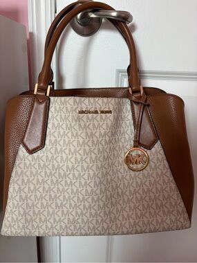 Michael Kors Brown and Beige Signature Satchel with Gold Hardware